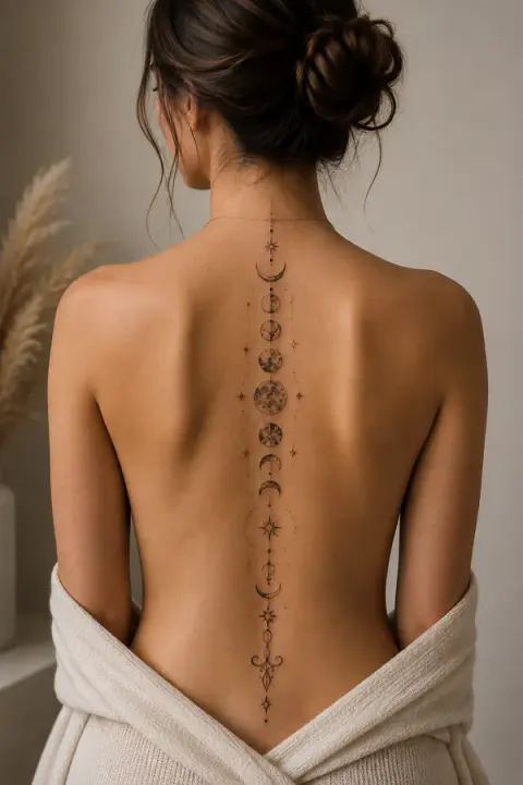 Fine Line Moon Phases Back Tattoo Along the Spine