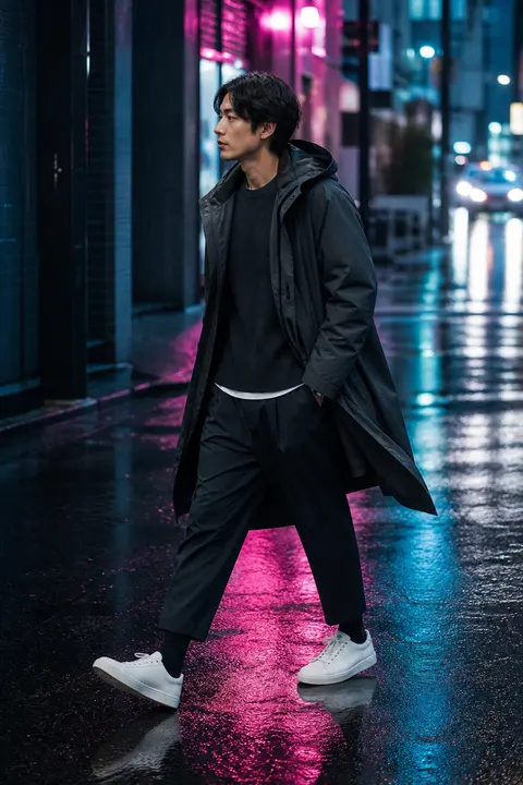 Black Raincoat Street Style at Night