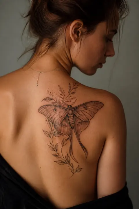 Engraving-style Moth Tattoo: Shoulder Blade Placement