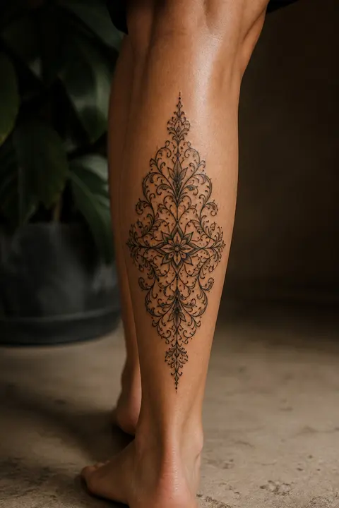 Ornamental Symmetrical Filigree Tattoo: Outer Calf