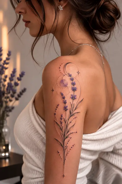 Lavender Shoulder Tattoo with Moon and Floral Detail
