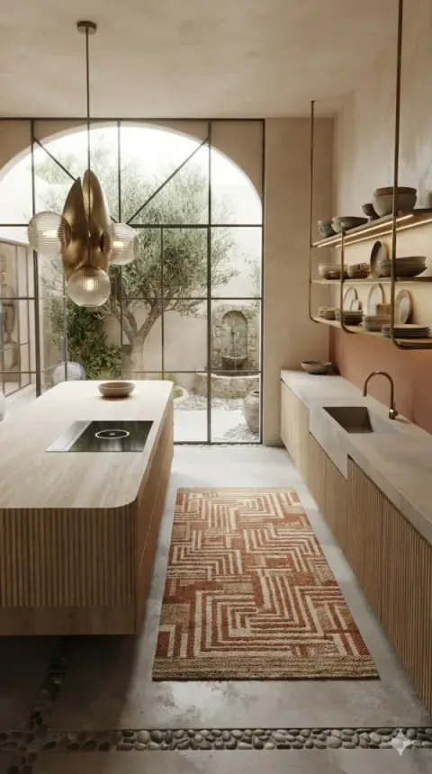 Wood Island Kitchen With Sculptural Chandelier