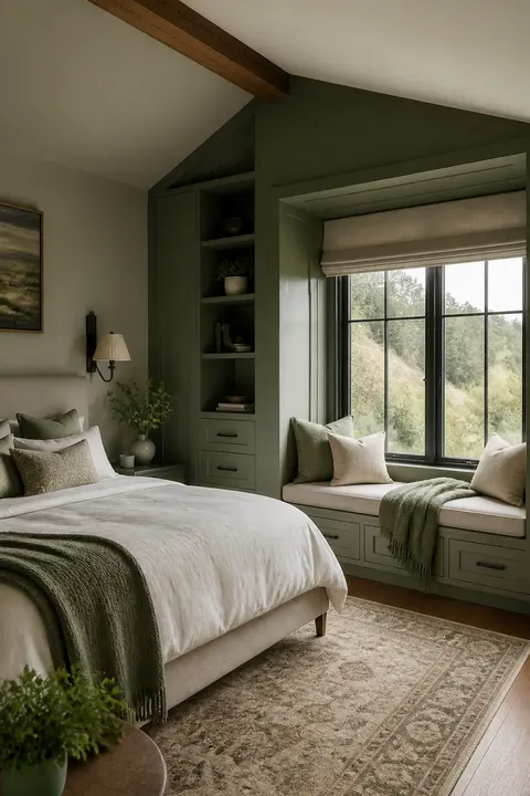 Window Seat Storage in Serene Sage Bedroom