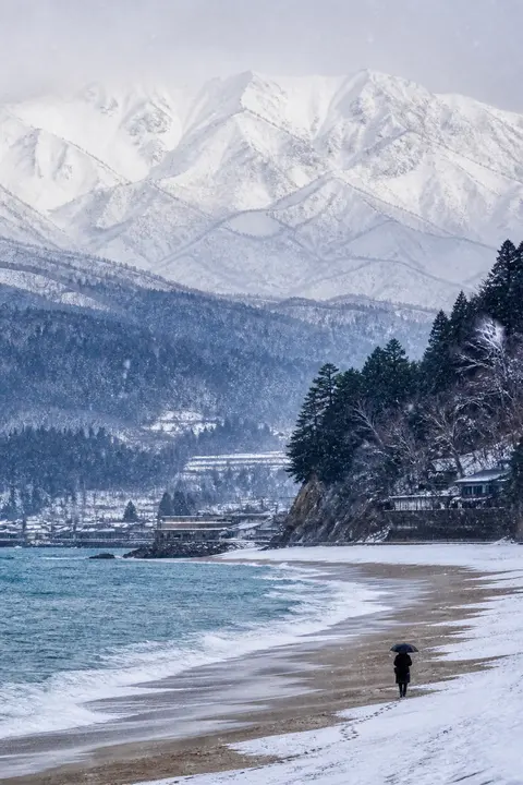 Snowy Mountain Beach in Winter