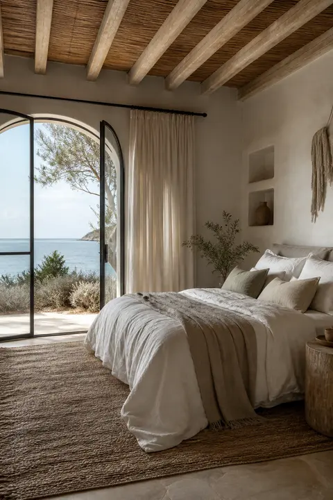Coastal Organic Bedroom: Linen Bedding and Rug