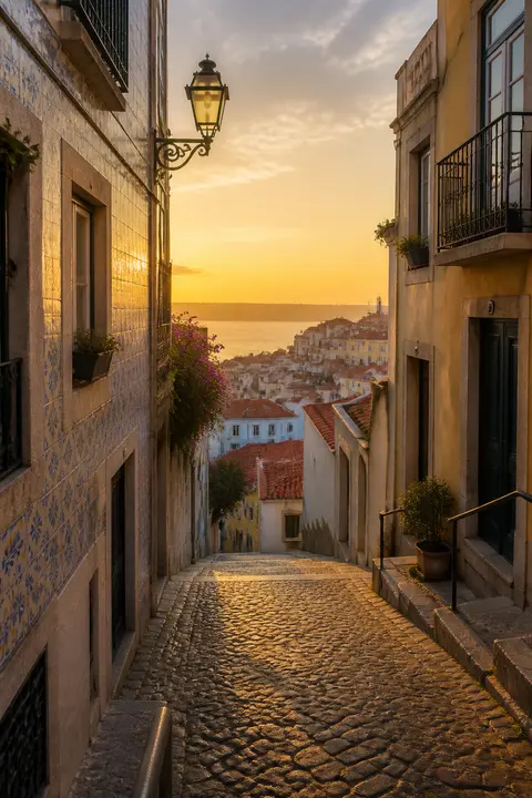 Golden-Hour View of Lisbon Tiled Alley at Sunrise