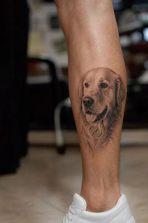 Micro-realism Pet Portrait Tattoo for Outer Calf Placement