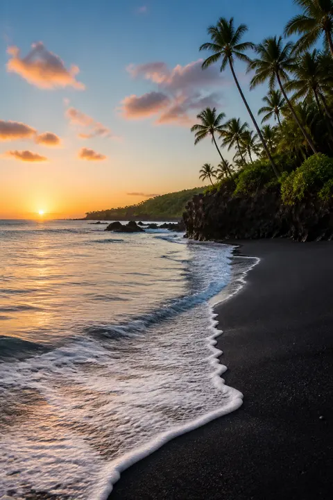 Hawaiian Black-sand Coast at Sunrise