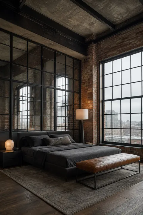 Industrial Loft Bedroom with Brick and Steel