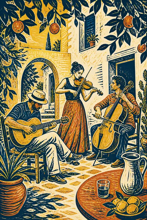 Musicians in a Summer Courtyard — Linocut Print