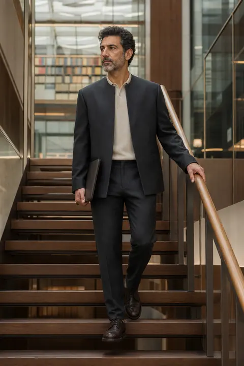 Charcoal Suit with a Collarless Knit