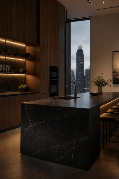 Walnut Kitchen Above City Lights