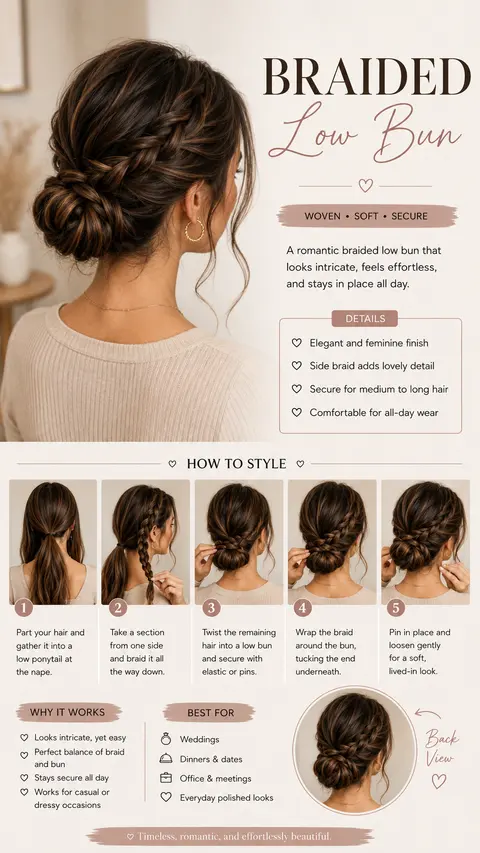 Bun Hairstyle: Braided Low Bun with Side Braid