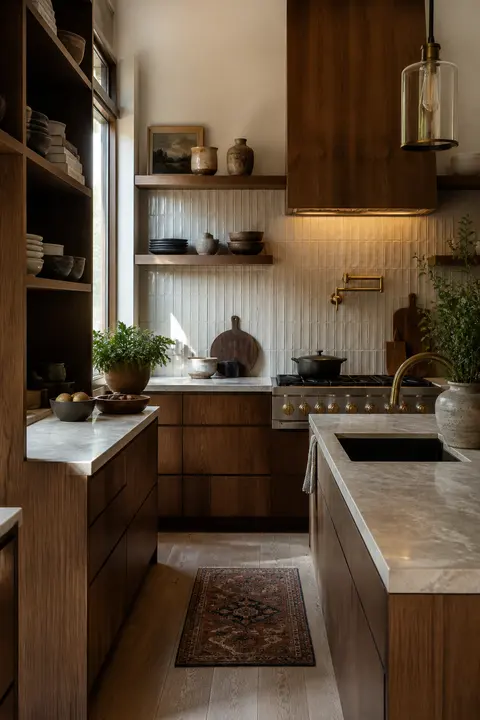 Walnut Modern Kitchen Featuring Open Shelves and Backsplash