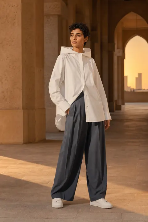 Ivory Funnel-Neck Top with Charcoal Trousers