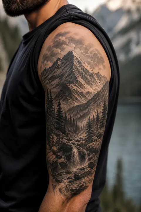 Upper Arm Realistic Mountain Landscape Tattoo