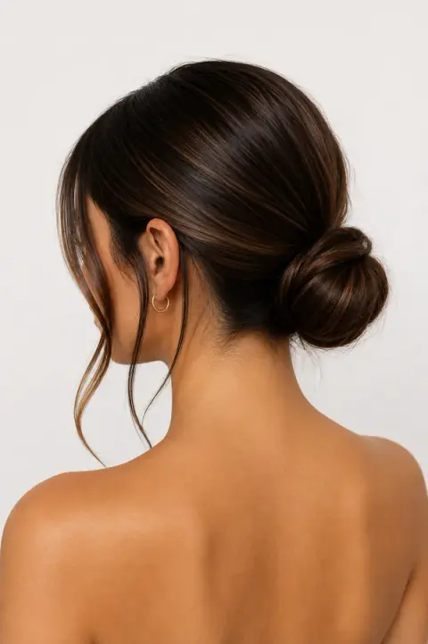 Sleek Low Brunette Bun With Face-Framing Strands