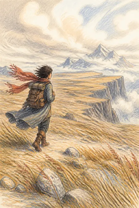Traveler Crossing a Windy Plateau in Colored Pencil