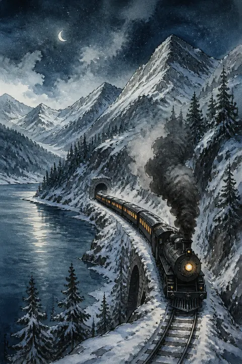 Night Train through Snowy Mountains in Ink and Watercolor
