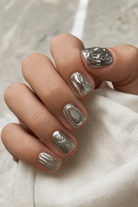Short Square Nails with Sculptural Silver Chrome