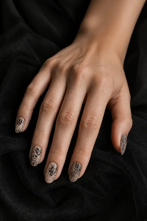 Black Lace Stamping over Nude Nails