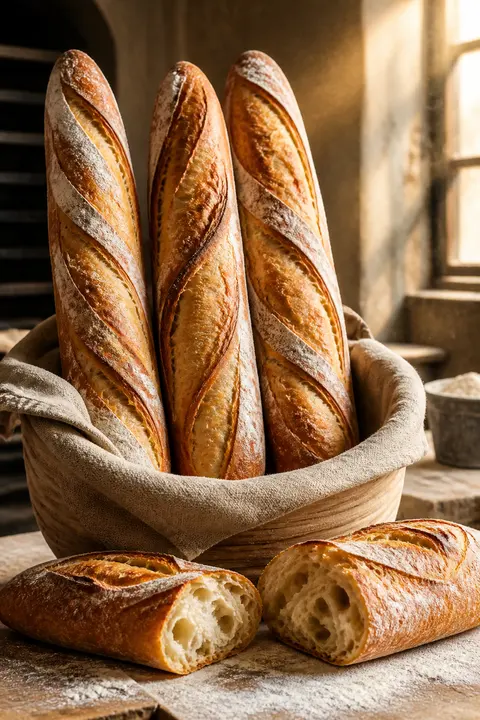 Crusty Artisan Baguettes by a Bakery Window