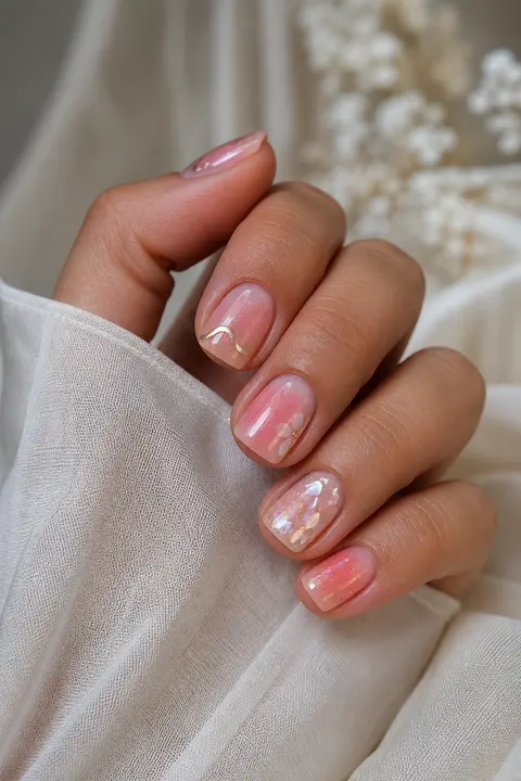 Short Square Nails with Peach-Pink Aura