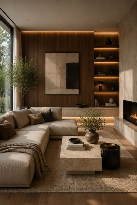 Modern Living Room with Walnut Walls and Beige Sofa