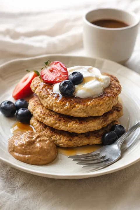 Banana Oat Pancakes with Berries and Yogurt