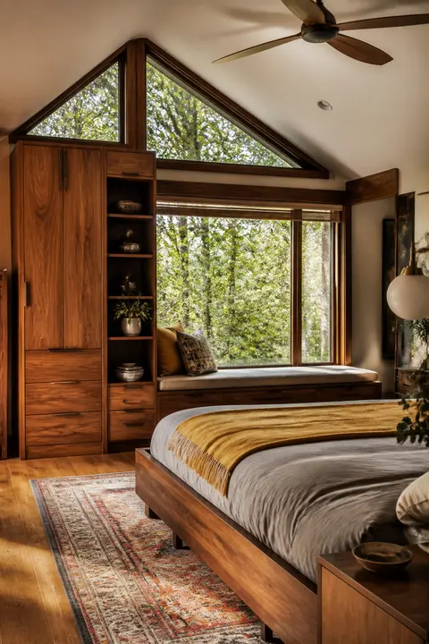 Window Seat Storage in Mid-Century Walnut Bedroom