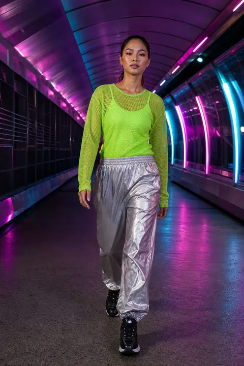 Neon Green Mesh Top with Silver Track Pants