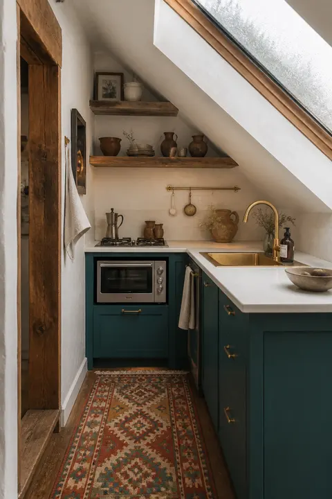 Compact Attic Kitchen in Teal and White