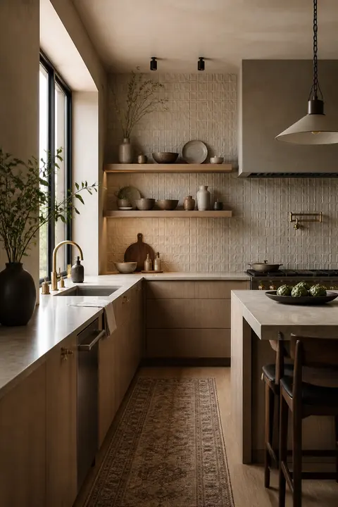 Quiet Luxury Taupe Kitchen: Open Shelves & Backsplash