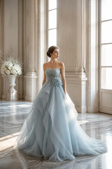 Powder Blue Ball Gown with Floral Waist