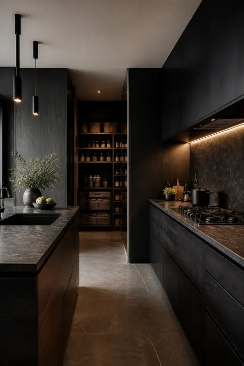 Black Stone Kitchen with Compact Galley and Pantry