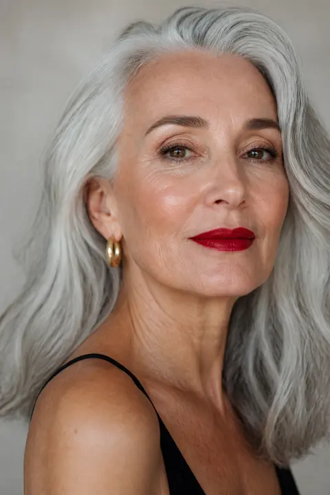 Silver Hair — Red Lip & Luminous Skin