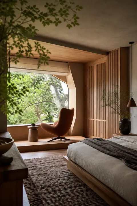 Warm Japandi Bedroom, Reading Nook and Chair