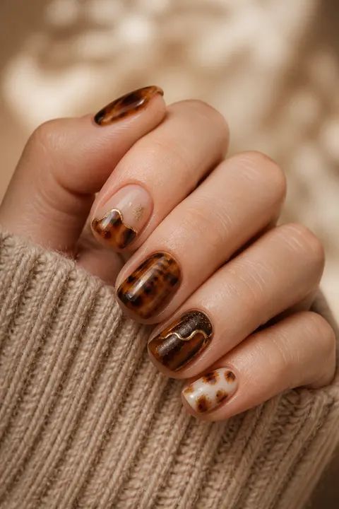 Short Square Nails with Caramel Tortoiseshell