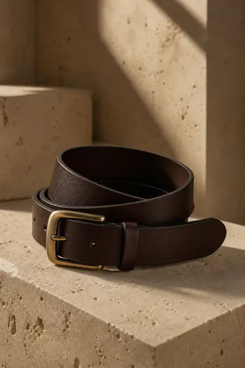 Chocolate Leather Belt on Travertine