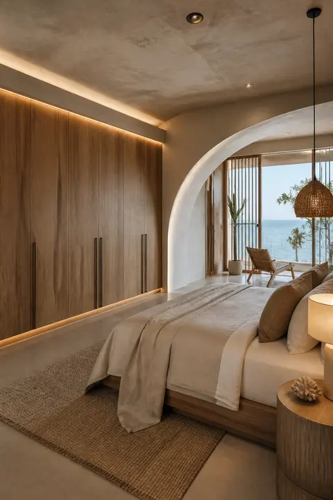 Coastal Organic Bedroom Featuring Wardrobe and Ambient Light