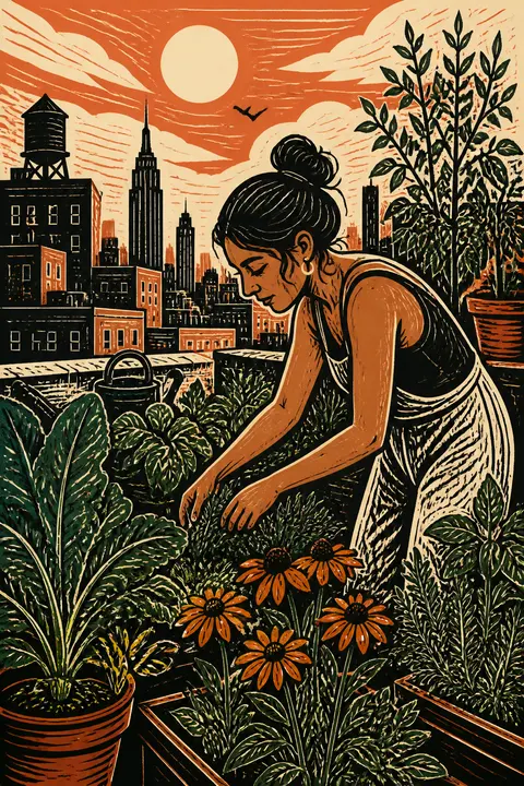 Woman Tending a Rooftop Garden — Linocut Print