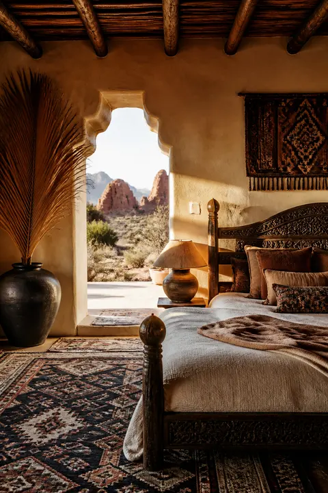 Desert Bohemian Bedroom with Carved Wood Bed