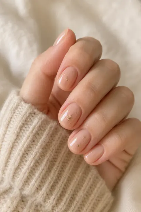 Short Nails with Tiny Gold Moon and Stars