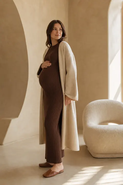 Cocoa Knit Maternity Dress with Cream Coat