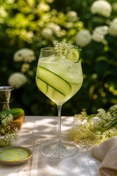 Sunlit Garden Table with Cucumber Elderflower Spritz