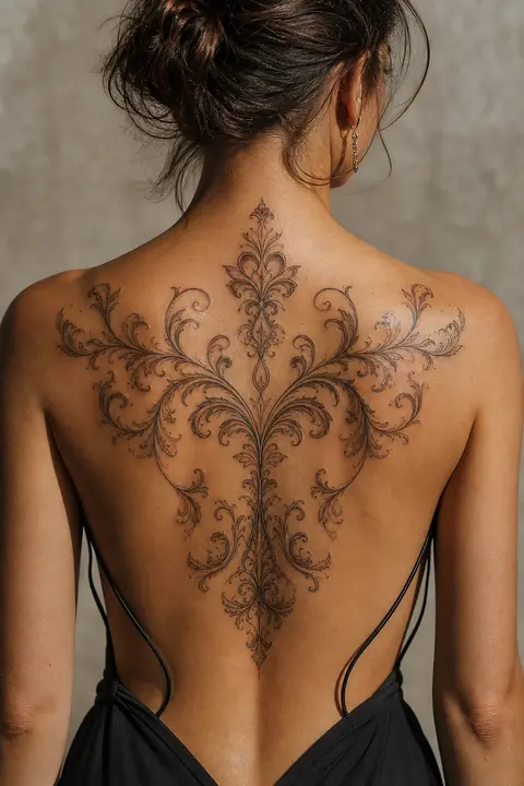 Ornamental Symmetrical Filigree Tattoo: Upper Back