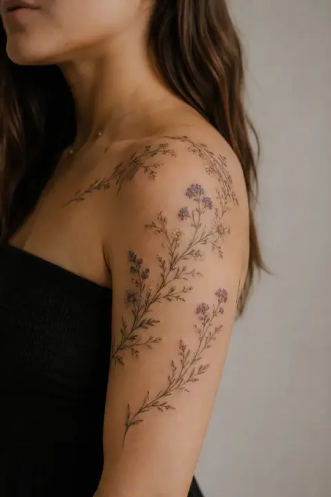 Delicate Lavender Wildflower Shoulder Tattoo
