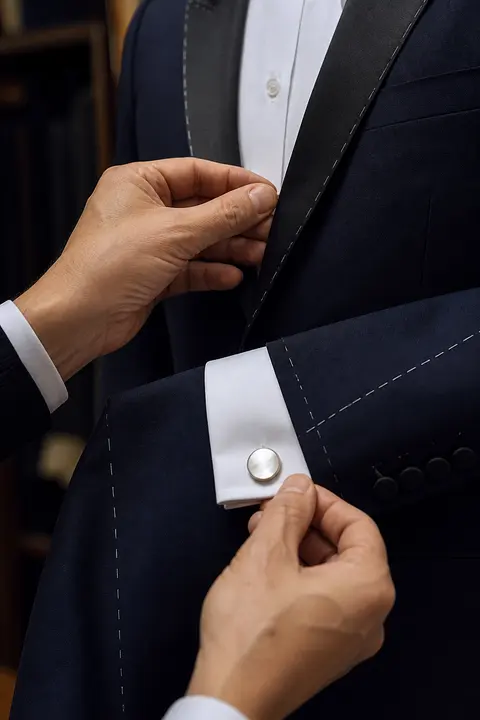 Hand-Finished Details on a Navy Tuxedo