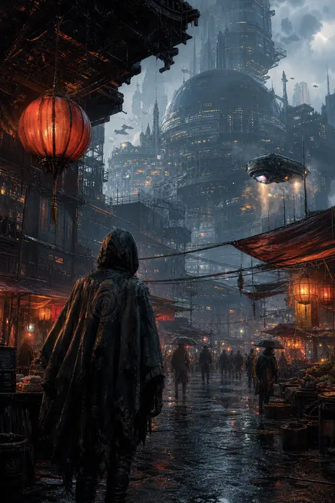 Cyberpunk Rainy Market — Matte Painting
