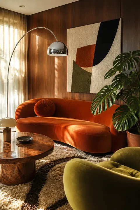 Retro Wood Living Room with an Orange Sofa